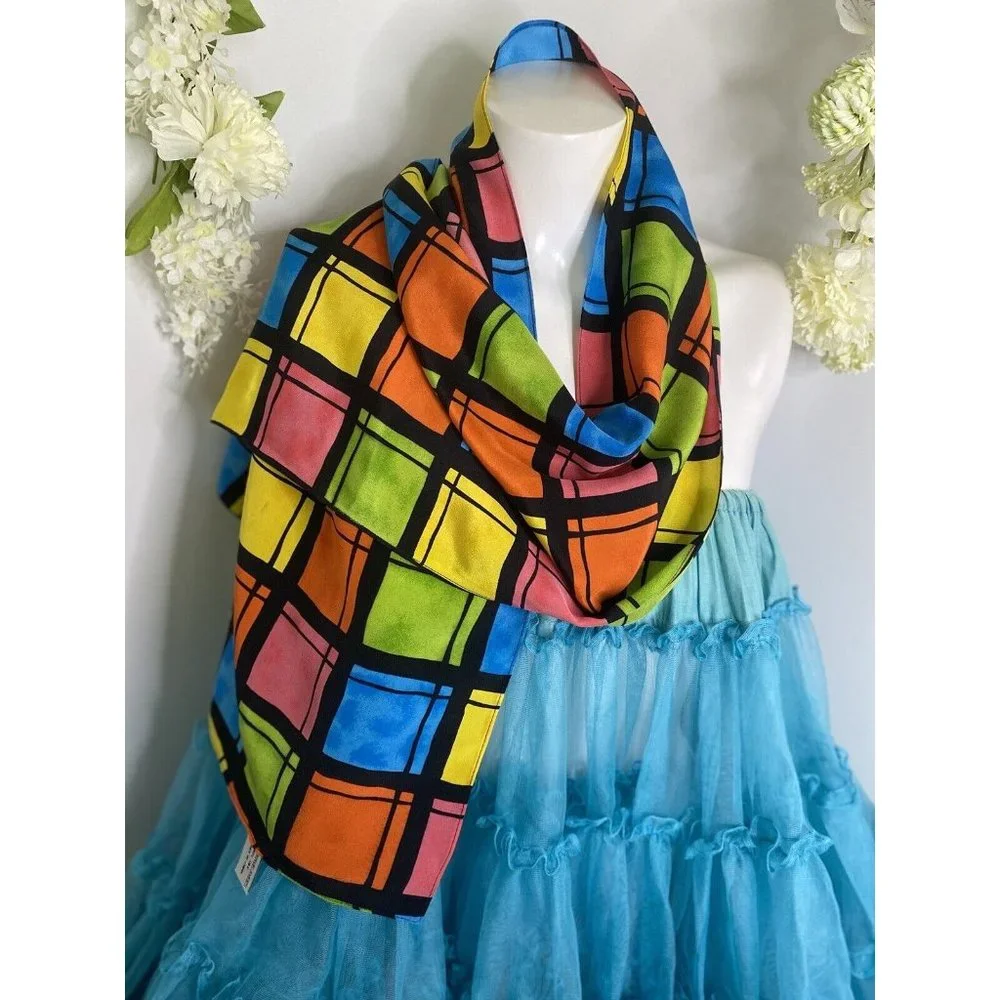 Vintage Travis Ayers Plaid Pattern 100% Silk‎ 12 x 54 Rectangle Scarf Mod Multi